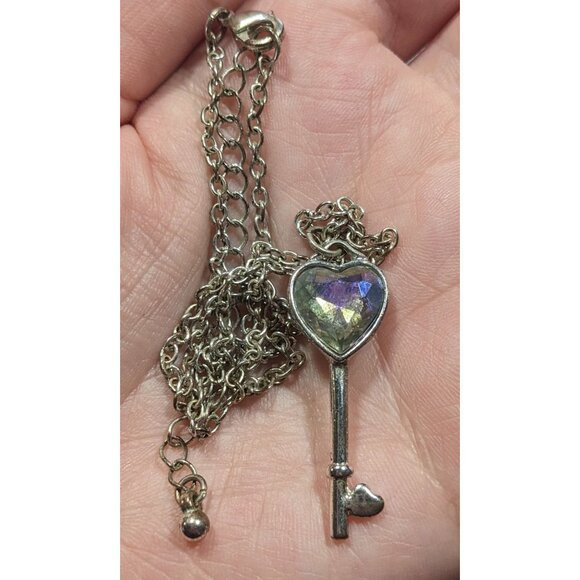 Fantasy Steampunk Heart Gemmed Key Silver Tone Pendant Necklace - Picture 5 of 6